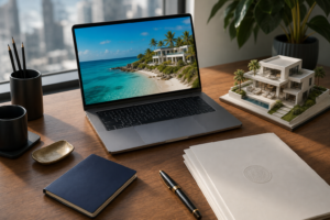 Escritorio con laptop mostrando la costa del Caribe, pasaporte, documentos con sello y maqueta de una villa