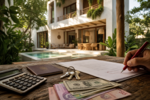 Mesa con contrato, llaves, pasaporte, calculadora, dólares y pesos frente a una villa con alberca en la selva de Tulum