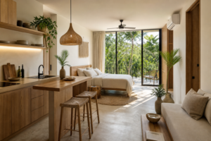 Interior de un estudio moderno y compacto con ventanal a la selva en Tulum