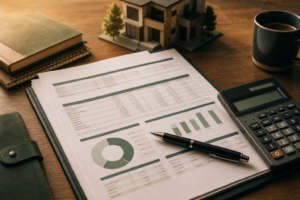 Proforma inmobiliaria revisada con calculadora y pluma sobre un escritorio de madera