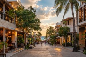 Quinta Avenida de Playa del Carmen al atardecer, con el mar al fondo