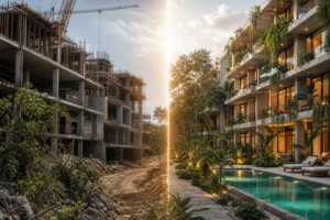 Edificio en obra negra con grúa junto a un condominio terminado en la selva de Tulum con alberca iluminada al atardecer