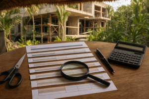 Proforma de preventa cortada en tiras sobre una mesa, con lupa, tijeras, pluma y calculadora, y un edificio en obra en la selva de Tulum al fondo