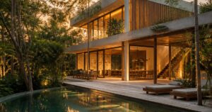 Desarrollo residencial moderno entre la selva de la Riviera Maya al atardecer