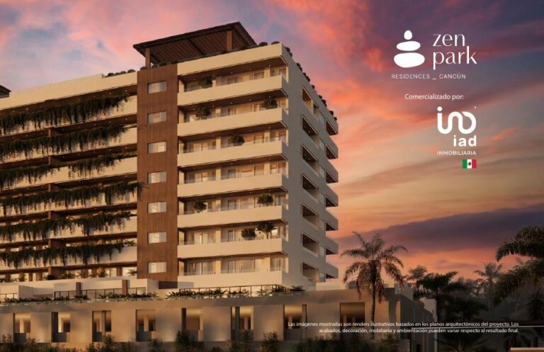 Fachada de Zen Park Residences Cancún al atardecer