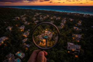 Vista aérea de Tulum al atardecer con edificios entre la selva y una lupa que enfoca una de las propiedades