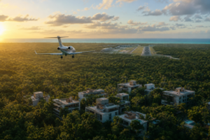 Avión descendiendo sobre la selva de Tulum hacia el aeropuerto, con edificios bajos entre los árboles y el mar al fondo