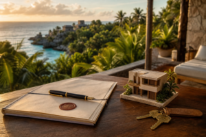 Mesa de madera en una terraza de Tulum con una carpeta de documentos sellados, una pluma, una maqueta de villa y unas llaves, con la selva y el mar al fondo