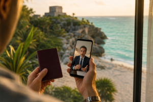 Mano con pasaporte y celular en videollamada con un notario, y al fondo la playa de Tulum con ruinas mayas