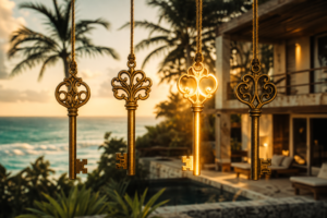 Cuatro llaves de latón colgadas frente a una villa en la playa de Tulum al atardecer, una de ellas brilla más