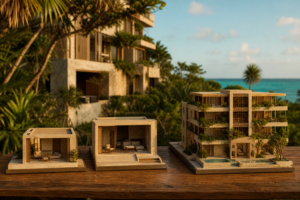Tres maquetas sobre una mesa de madera —departamento, estudio y edificio— frente a un edificio moderno en Tulum al atardecer