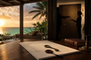 Escritura de fideicomiso con sello y una llave sobre una mesa, frente a una villa de Tulum al atardecer y una entrega de llave oculta al fondo