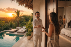 Terraza de una villa en Tulum al atardecer con alberca lista, ropa de cama blanca y un administrador entregando una llave en la puerta