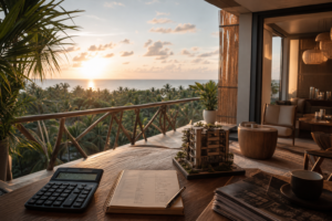 Balcón de un departamento en Tulum al atardecer con vista a la selva y al Caribe, con calculadora, libreta con cifras y una maqueta de edificio sobre la mesa