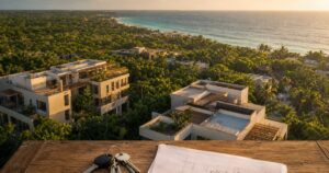 Vista aérea de Tulum al atardecer con edificios entre la selva, llaves y planos sobre una mesa